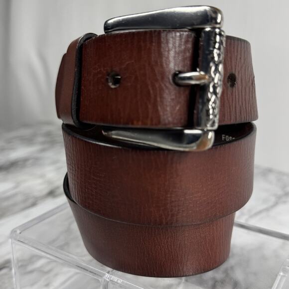 Fossil Belt M Brown Leather Floral Laser Cut Silver Tone Etch Roll Bar Buckle - Picture 1 of 16
